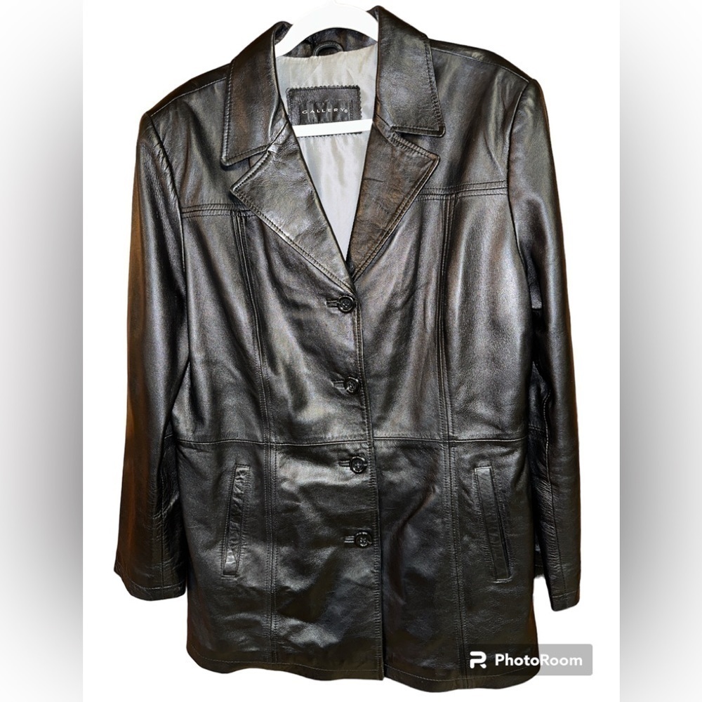 Gallery Black Leather Hip Long Line Button-down Jacket Soft Blazer Style Coat XL